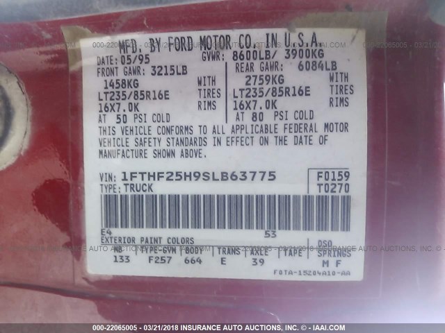 1FTHF25H9SLB63775 - 1995 FORD F250 RED photo 9