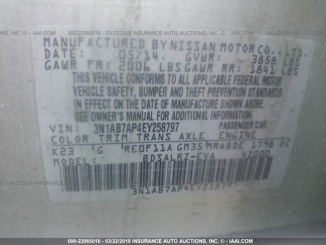 3N1AB7AP4EY258797 - 2014 NISSAN SENTRA S/SV/SR/SL SILVER photo 9