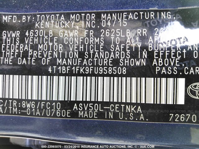 4T1BF1FK9FU958508 - 2015 TOYOTA CAMRY LE/XLE/SE/XSE ლურჯი ფოტო 9