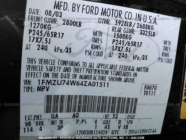 1FMZU74W64ZA01511 - 2004 FORD EXPLORER EDDIE BAUER BLACK photo 9