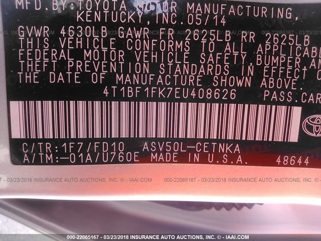 4T1BF1FK7EU408626 - 2014 TOYOTA CAMRY L/SE/LE/XLE 银色 照片 9