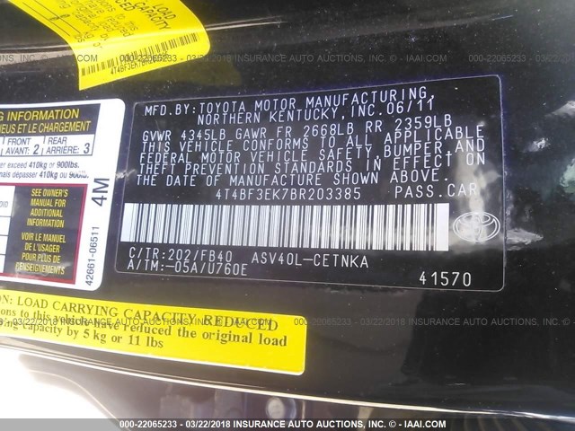 4T4BF3EK7BR203385 - 2011 TOYOTA CAMRY SE/LE/XLE Черный фото 9