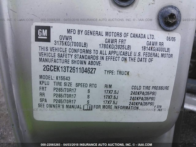 2GCEK13T261104627 - 2006 CHEVROLET SILVERADO K1500 SILVER photo 9