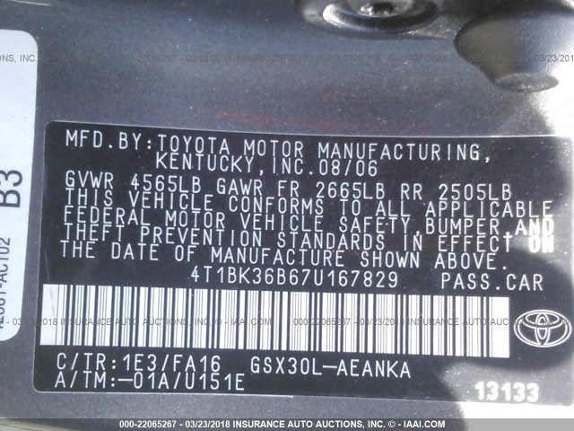 4T1BK36B67U167829 - 2007 TOYOTA AVALON XL/XLS/TOURING/LIMITED GRAY photo 9