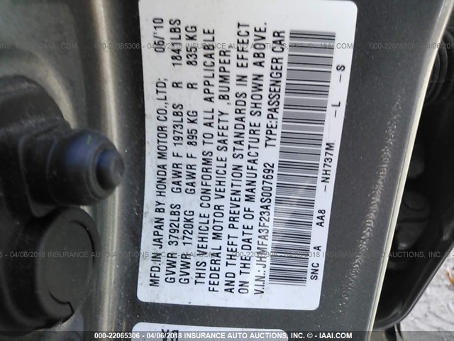 JHMFA3F23AS007692 - 2010 HONDA CIVIC HYBRID GRAY photo 9