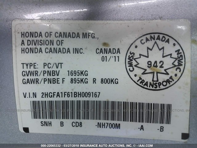 2HGFA1F61BH009167 - 2011 HONDA CIVIC LX-S Gümüş foto 9