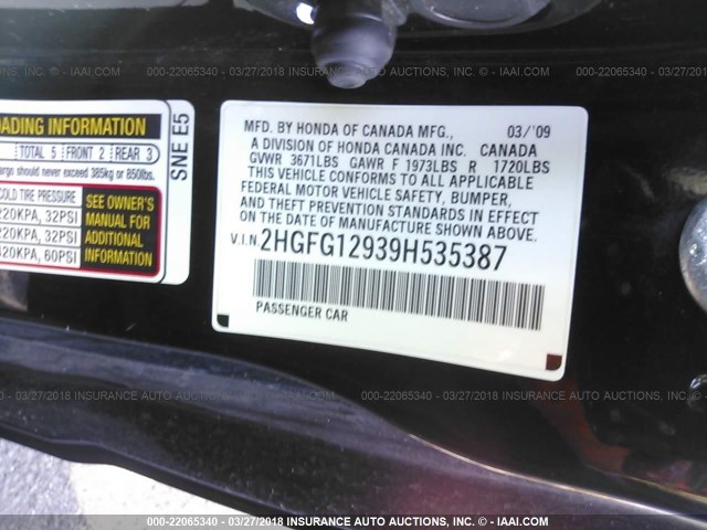 2HGFG12939H535387 - 2009 HONDA CIVIC EXL BLACK photo 9