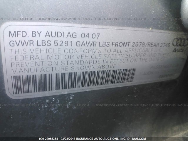 WAUDH74F77N147248 - 2007 AUDI A6 3.2 QUATTRO SILVER photo 9