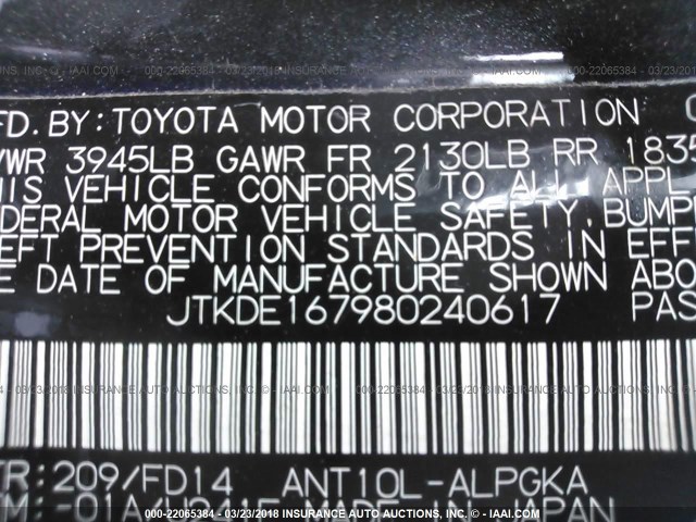 JTKDE167980240617 - 2008 TOYOTA SCION TC 黑色 照片 9