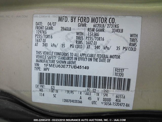 1FMEU63E77UB45149 - 2007 FORD EXPLORER XLT GOLD photo 9