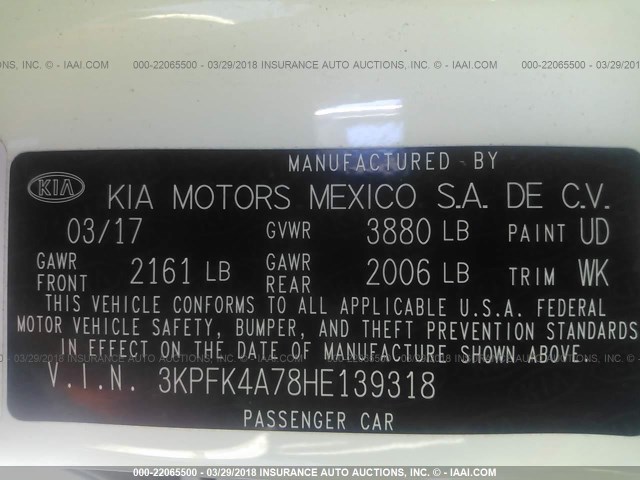 3KPFK4A78HE139318 - 2017 KIA FORTE LX WHITE photo 9