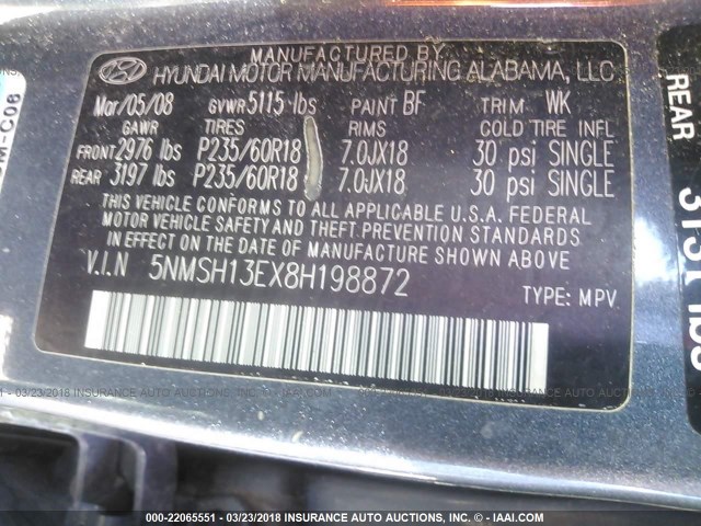 5NMSH13EX8H198872 - 2008 HYUNDAI SANTA FE SE/LIMITED GRAY photo 9