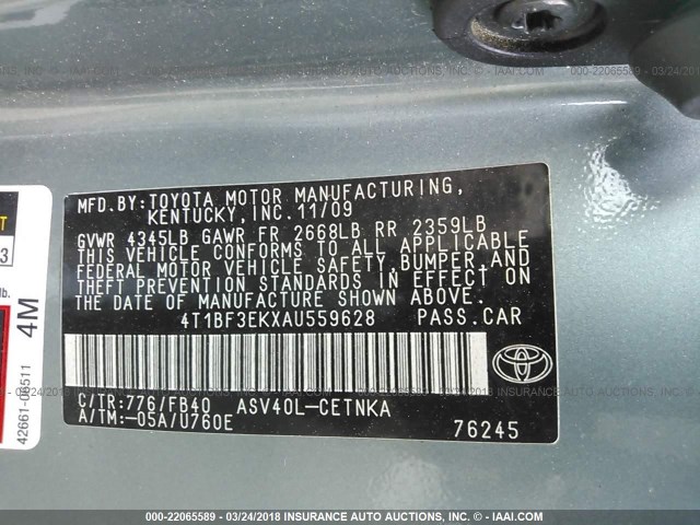 4T1BF3EKXAU559628 - 2010 TOYOTA CAMRY SE/LE/XLE GREEN photo 9