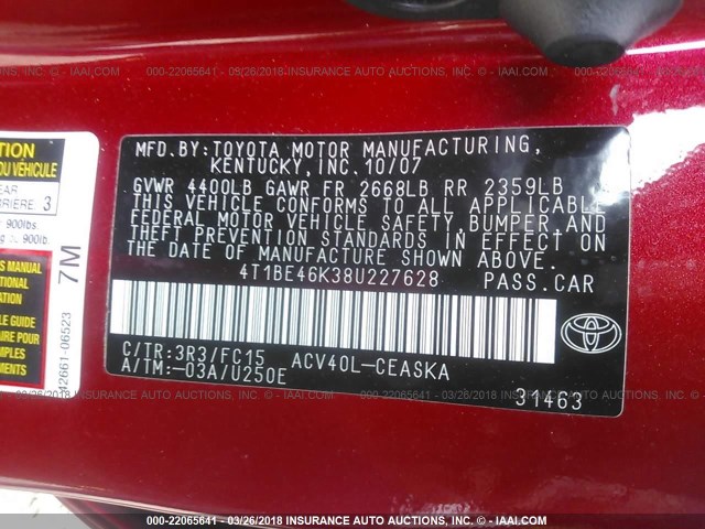 4T1BE46K38U227628 - 2008 TOYOTA CAMRY CE/LE/XLE/SE RED photo 9