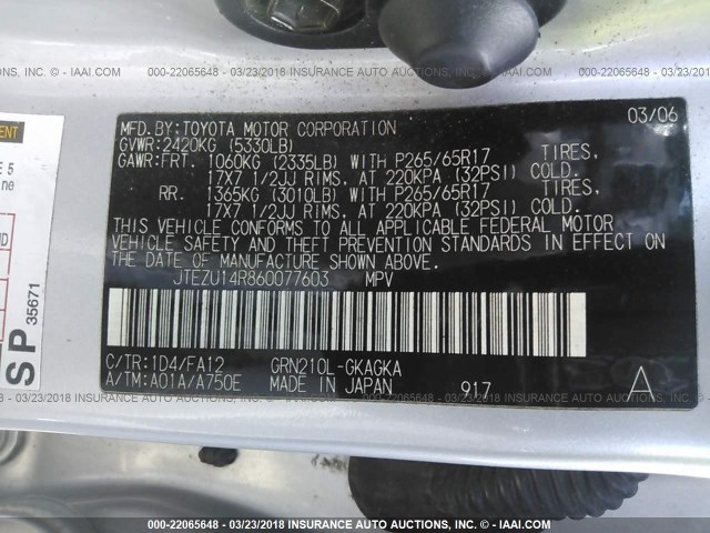 JTEZU14R860077603 - 2006 TOYOTA 4RUNNER SR5/SPORT SILVER photo 9