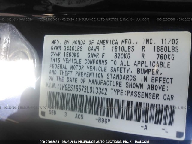 1HGES16573L013342 - 2003 HONDA CIVIC LX BLUE photo 9