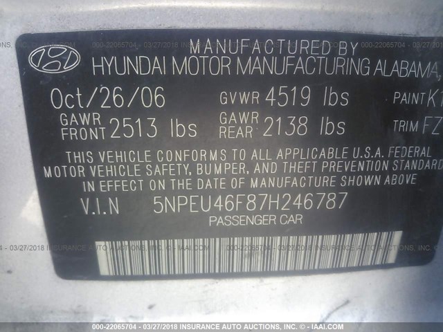 5NPEU46F87H246787 - 2007 HYUNDAI SONATA SE/LIMITED SILVER photo 9