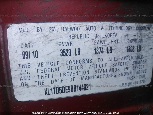 KL1TD5DE9BB144021 - 2011 CHEVROLET AVEO LS/LT 红色 照片 9