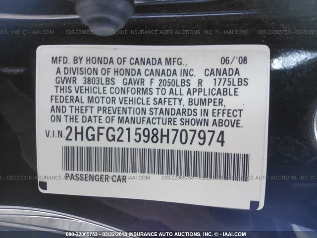 2HGFG21598H707974 - 2008 HONDA CIVIC SI BLACK photo 9