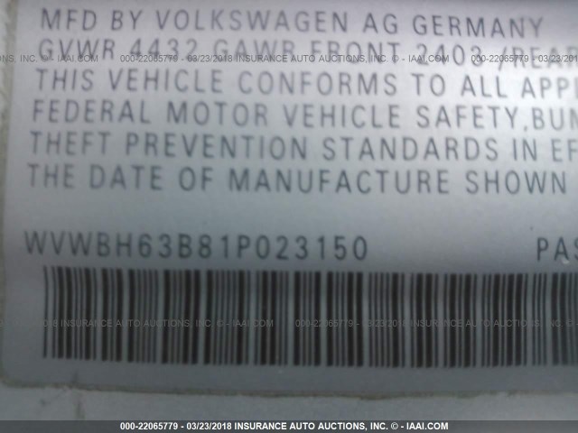 WVWBH63B81P023150 - 2001 VOLKSWAGEN PASSAT GLX 银色 照片 9