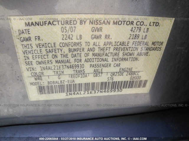 1N4AL21E37N469930 - 2007 NISSAN ALTIMA 2.5/2.5S SILVER photo 9