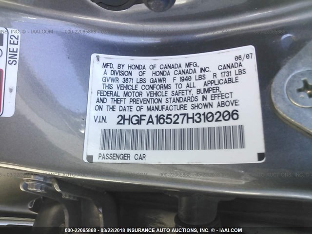 2HGFA16527H310206 - 2007 HONDA CIVIC LX GRAY photo 9