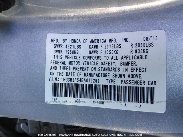 1HGCR2F54EA010261 - 2014 HONDA ACCORD SPORT Күміс фото 9