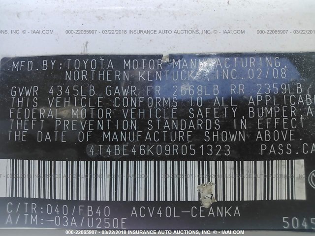 4T4BE46K09R051323 - 2009 TOYOTA CAMRY SE/LE/XLE Белый фото 9