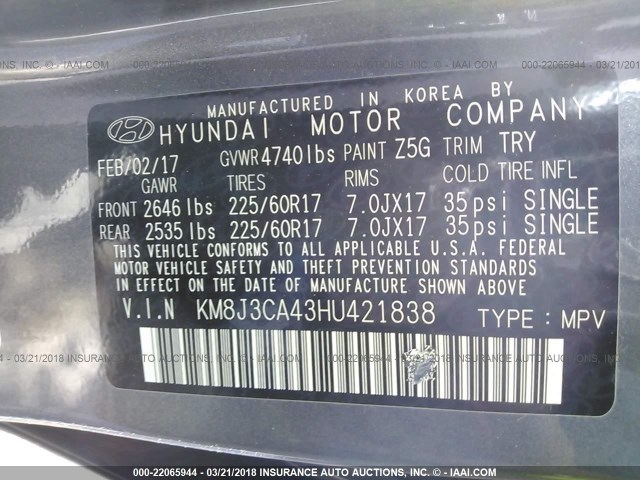 KM8J3CA43HU421838 - 2017 HYUNDAI TUCSON LIMITED/SPORT AND ECO/SE GRAY photo 9