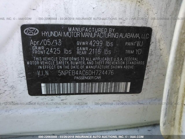 5NPEB4AC6DH724476 - 2013 HYUNDAI SONATA GLS Blanco foto 9