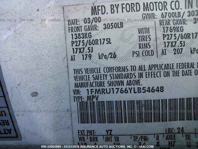 1FMRU1766YLB54648 - 2000 FORD EXPEDITION EDDIE BAUER WHITE photo 9