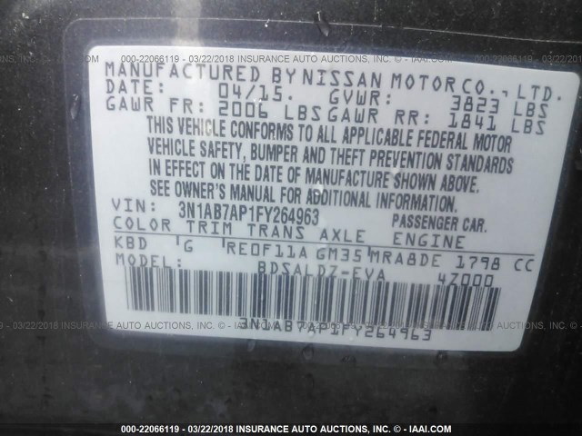 3N1AB7AP1FY264963 - 2015 NISSAN SENTRA S/SV/SR/SL GRAY photo 9