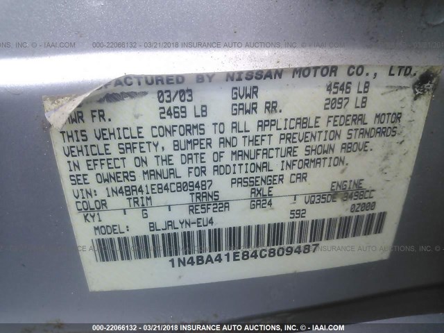 1N4BA41E84C809487 - 2004 NISSAN MAXIMA SE/SL SILVER photo 9