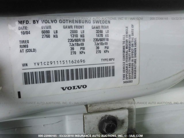 YV1CZ911151162696 - 2005 VOLVO XC90 T6 WHITE photo 9