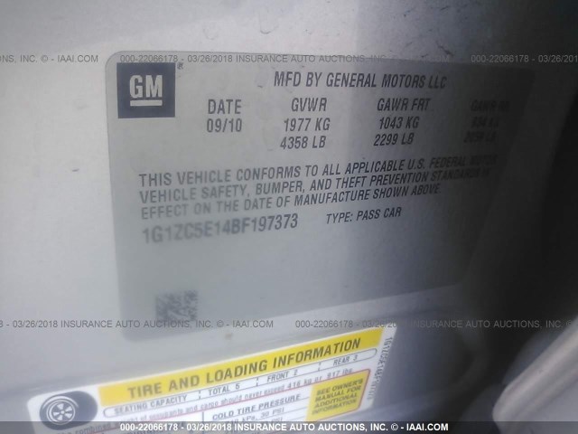 1G1ZC5E14BF197373 - 2011 CHEVROLET MALIBU 1LT 银色 照片 9