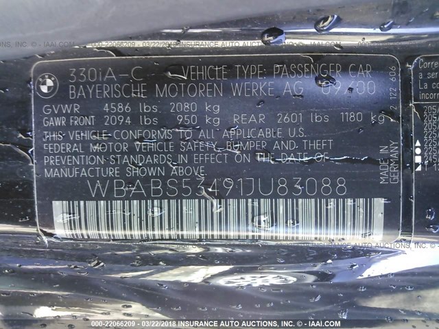 WBABS53491JU83088 - 2001 BMW 330 CI BLACK photo 9