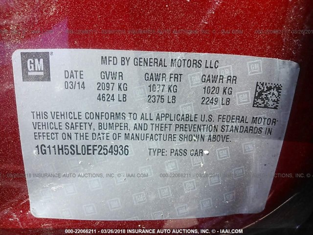 1G11H5SL0EF254936 - 2014 CHEVROLET MALIBU LTZ 红色 照片 9