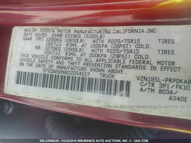 5TEGN92N82Z054517 - 2002 TOYOTA TACOMA DOUBLE CAB PRERUNNER BURGUNDY photo 9