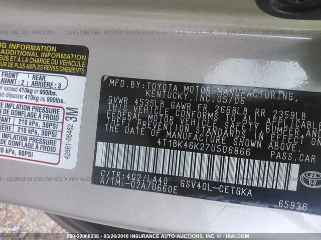 4T1BK46K27U506866 - 2007 TOYOTA CAMRY NEW GENERAT LE/XLE/SE TAN photo 9