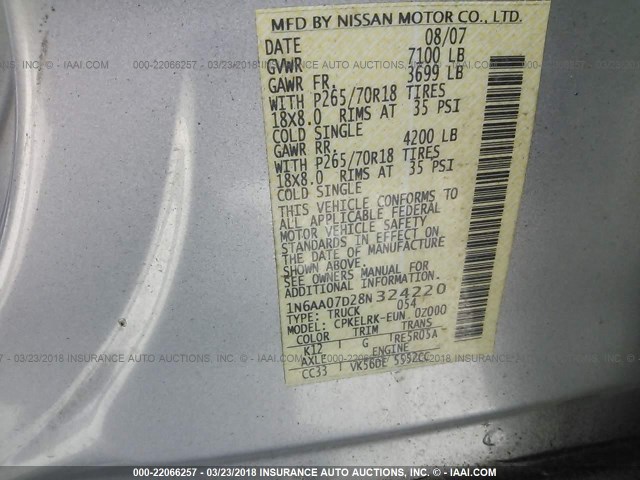 1N6AA07D28N324220 - 2008 NISSAN TITAN XE/SE/LE SILVER photo 9