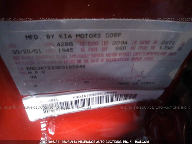 KNDJA723325125548 - 2002 KIA SPORTAGE RED photo 9