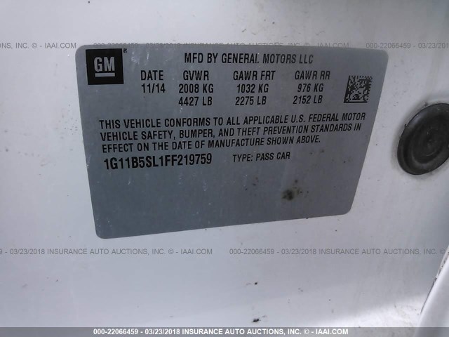 1G11B5SL1FF219759 - 2015 CHEVROLET MALIBU LS 白色 照片 9