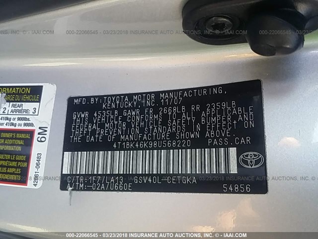 4T1BK46K98U568220 - 2008 TOYOTA CAMRY LE/XLE/SE 银色 照片 9