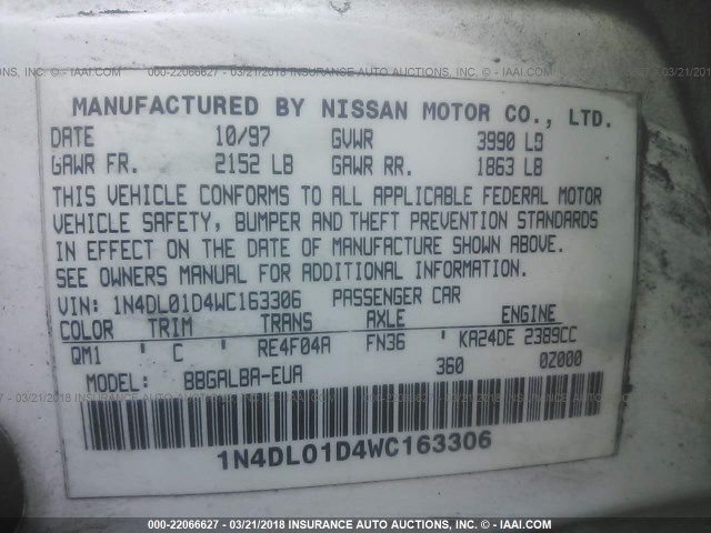 1N4DL01D4WC163306 - 1998 NISSAN ALTIMA XE/GXE/SE/GLE WHITE photo 9