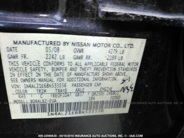 1N4AL21E68N533556 - 2008 NISSAN ALTIMA 2.5/2.5S BLACK photo 9