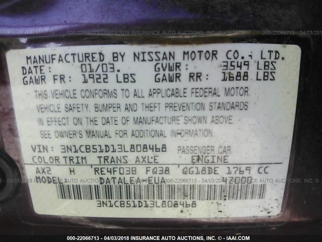 3N1CB51D13L808468 - 2003 NISSAN SENTRA XE/GXE MAROON photo 9