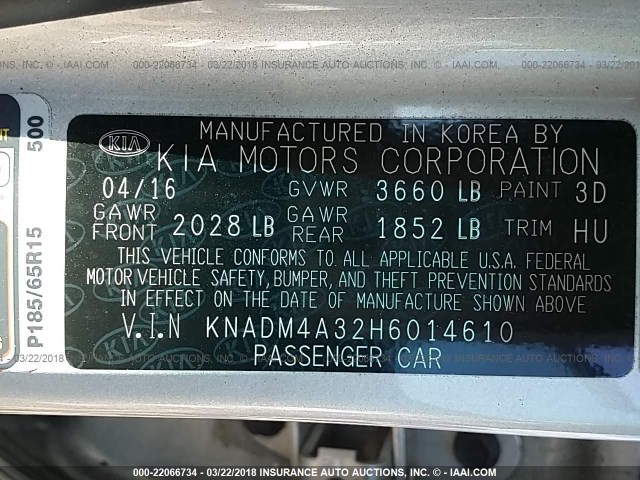 KNADM4A32H6014610 - 2017 KIA RIO LX SILVER photo 9