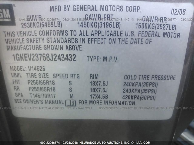 1GKEV23768J243432 - 2008 GMC ACADIA SLT-1 Braun Foto 9