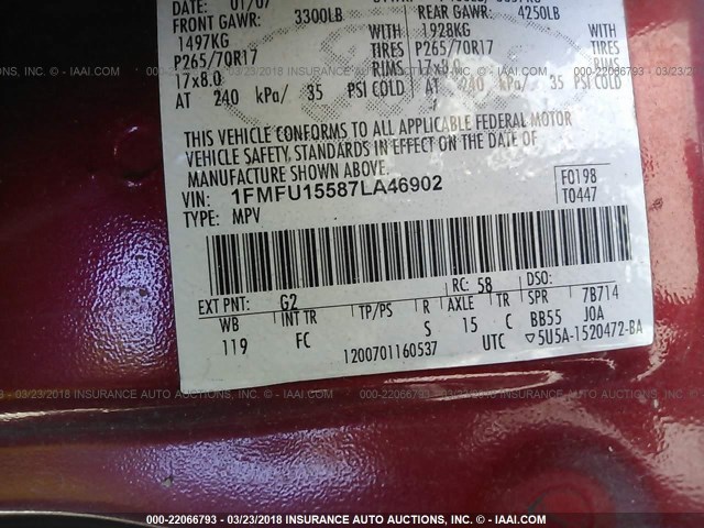 1FMFU15587LA46902 - 2007 FORD EXPEDITION XLT მუქწითელი ფოტო 9