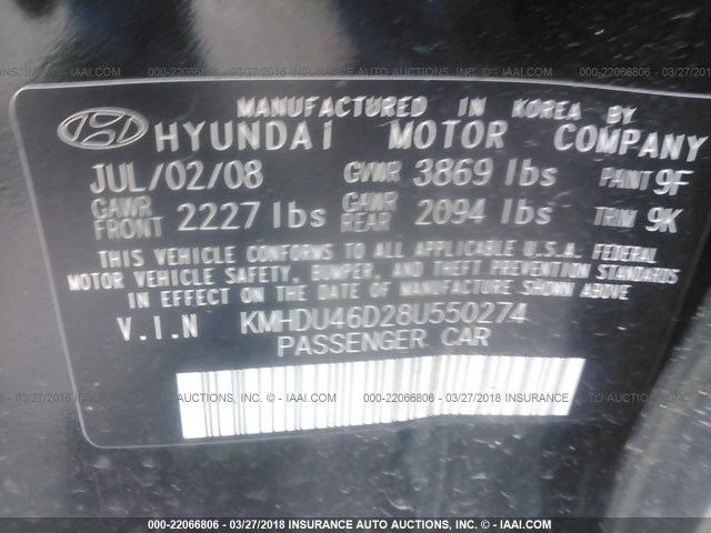 KMHDU46D28U550274 - 2008 HYUNDAI ELANTRA GLS/SE/LIMITED BLACK photo 9